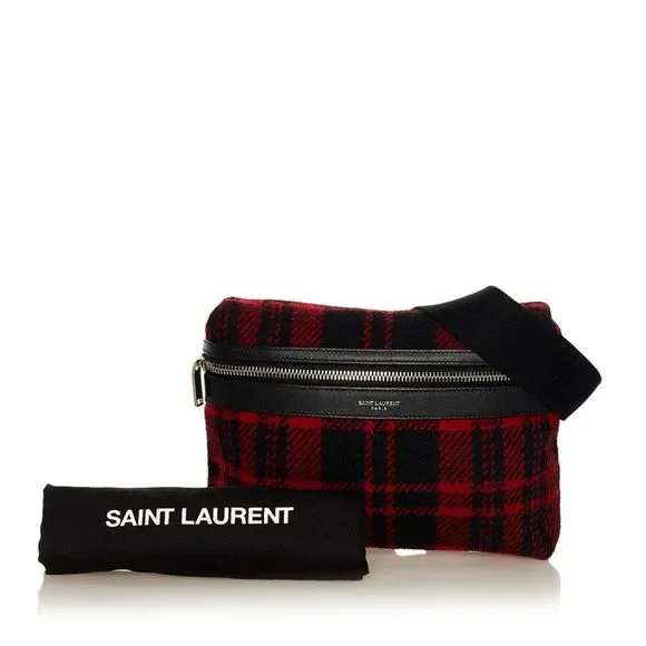 Saint Laurent Tartan Check Waist Bag Body Bag Red Black Wool Leather - Picture 7 of 8